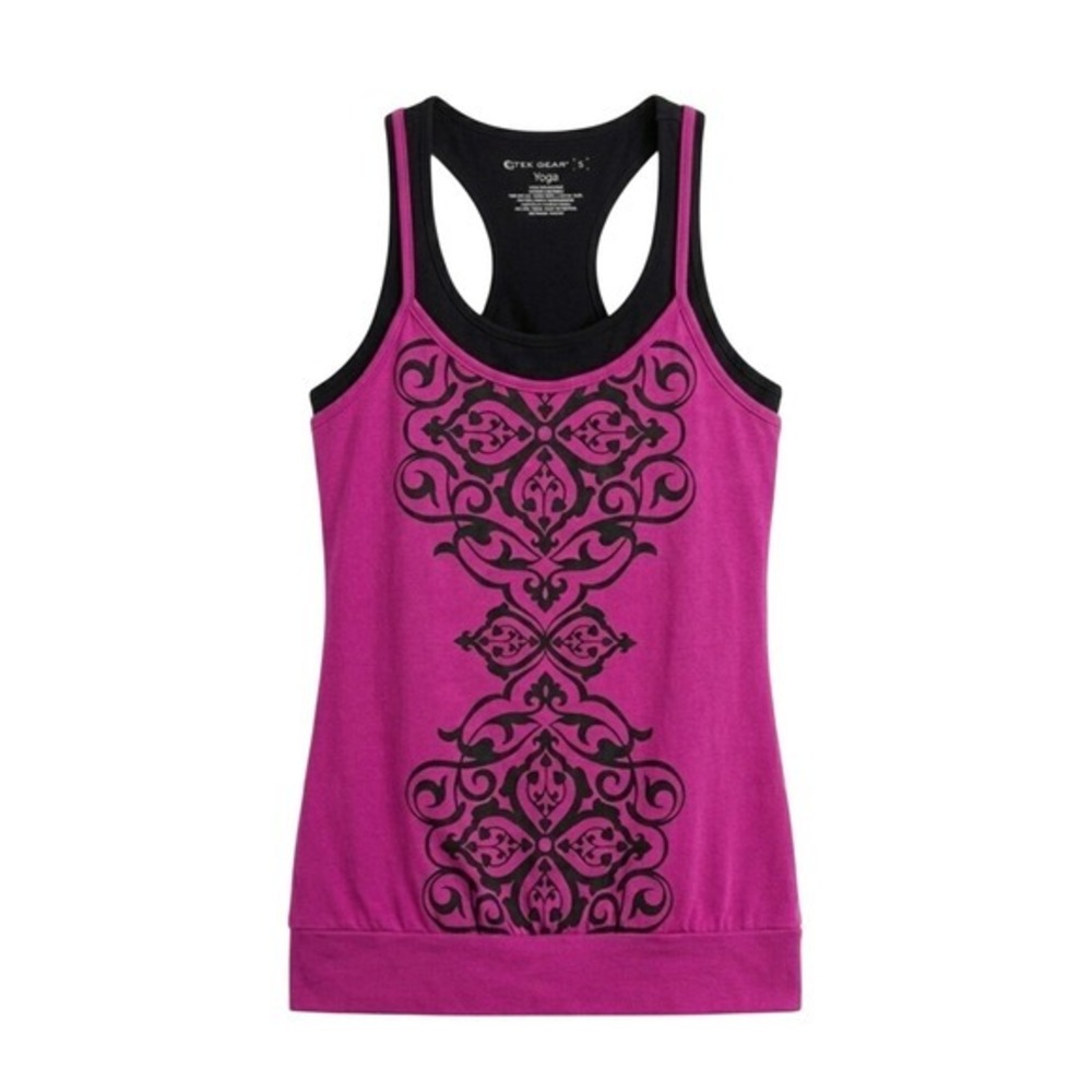 Tek Gear Yoga Tank Top Small Fuchsia Black‎ Layered Built-in Bra Damask Print